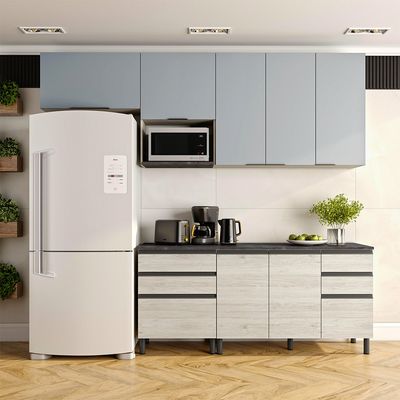 Cozinha Bartira Cristal com 7 Portas, 6 Gavetas, 4 Prateleiras e Nicho para Micro-ondas - 260cm de largura Freixo/Azul