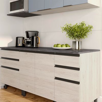Cozinha Bartira Cristal com 7 Portas, 6 Gavetas, 4 Prateleiras e Nicho para Micro-ondas - 260cm de largura Freixo/Azul