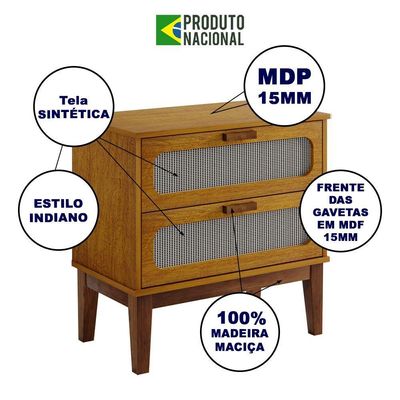 Mesa De Cabeceira 2 Gavetas Santorini Nature 60 Cm Palhinha Indiana - Bege