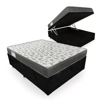 Cama Box Baú Casal Suede + Colchão De Molas Ensacadas Sereneprime 138x188x62cm Preto