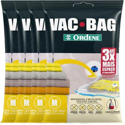4 Sacos Ordene Vac Bag para Roupas Médio 45x65cm cada A Vácuo Reutilizáveis