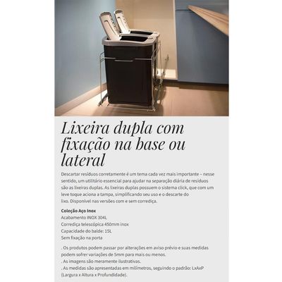Lixeira Deslizante Embutir Dupla Cozinha 15L cada Preta com Corrediça Masutti