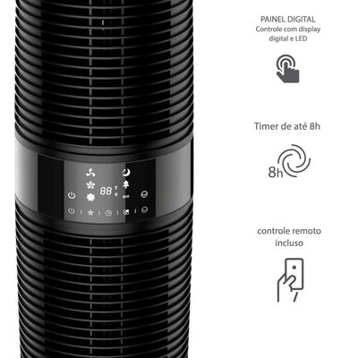 Ventilador de Torre 100cm Spirit 360º com Display LED Touch Screen, Controle Remoto, Funções Especiais e Controle Inteligente de Velocidade Preto / 110V