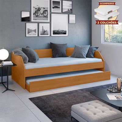 Sofá Cama Solteiro Duo Com Cama Auxiliar Em Mdf Reforçado 15mm Nature Com 2 Colchões