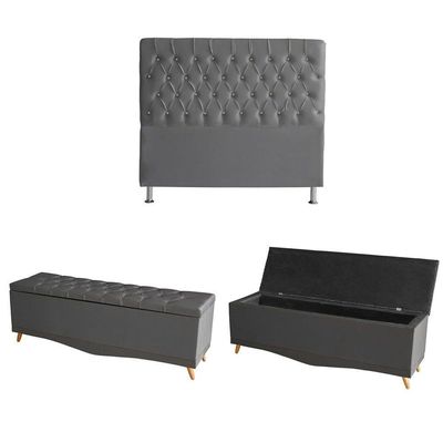 Kit Estrela Cabeceira De Cama Box E Calçadeira Baú Pés Palito Botão Cristal Casal 140 Cm Suede Grafite Do Lar Móveis