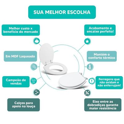 Tampa Vaso Sanitário Madeira Laqueada Oval Convencional Branco Para Bacia Icasa