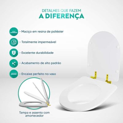 Tampa De Vaso Poliéster Com Amortecedor Level Branco Para Bacia Deca Com Ferragem Dourada