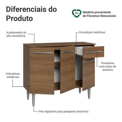 Buffet Aparador 105cm 3 Portas E 1 Gaveta Rustic Madesa