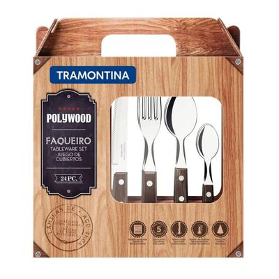 Faqueiro Tramontina Polywood com Lâminas em Aço Inox e Cabos de Madeira Tratada Castanho 24 Peças Madeira