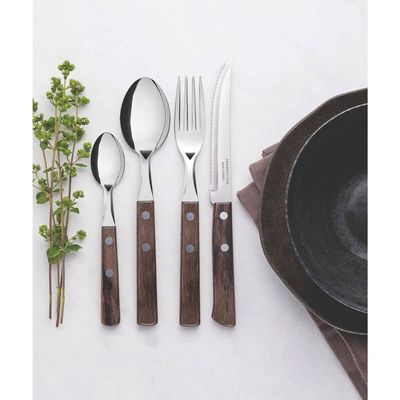 Faqueiro Tramontina Polywood com Lâminas em Aço Inox e Cabos de Madeira Tratada Castanho 24 Peças Madeira