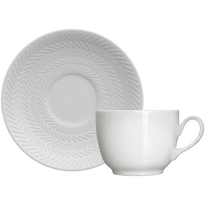 Jogo 12 Xícaras com Pires 75ml Café Porcelana Branca Relevo Chevron Germer