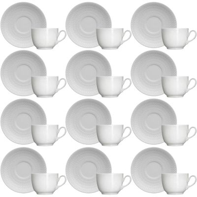 Jogo 12 Xícaras com Pires 75ml Café Porcelana Branca Relevo Chevron Germer