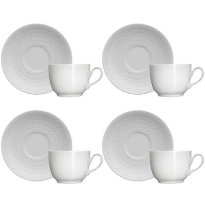 Jogo 4 Xícaras de Café com Pires 75ml em Porcelana Chevron Germer Branco