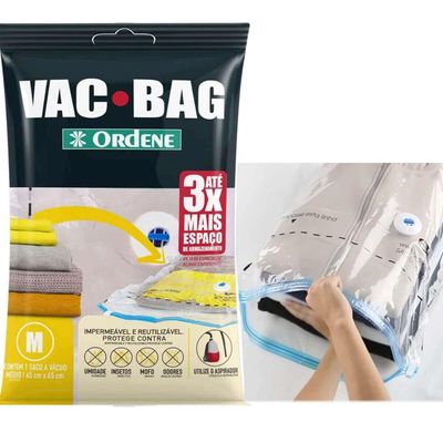 3 Sacos Ordene Vac Bag para Roupas Médio 45x65cm A Vácuo Polietileno Reutilizável