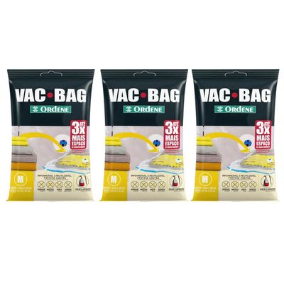3 Sacos Ordene Vac Bag para Roupas Médio 45x65cm A Vácuo Polietileno Reutilizável