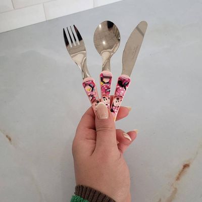 Conjunto de Talheres Minnie Rosa 3 Peças Garfo Faca Colher Inox Disney Infantil Simonaggio