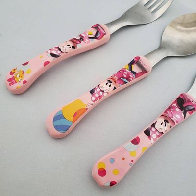 Conjunto de Talheres Minnie Rosa 3 Peças Garfo Faca Colher Inox Disney Infantil Simonaggio