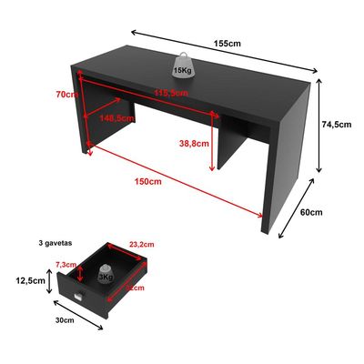 Mesa para Escritório com 3 Gavetas ME4113 Preto Tecnomobili