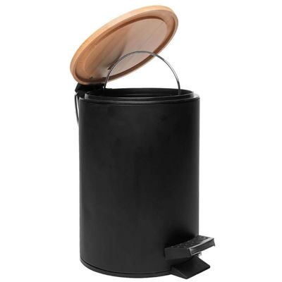 Lixeira 5L Metal Redonda com Pedal Preta Tampa Bambu Balde Interno Banheiro Preto