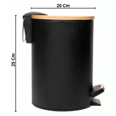 Lixeira 5L Metal Redonda com Pedal Preta Tampa Bambu Balde Interno Banheiro Preto