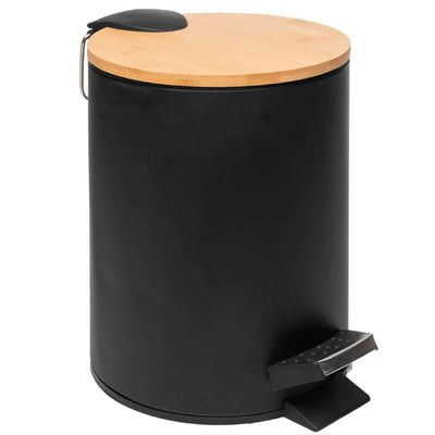 Lixeira 5L Metal Redonda com Pedal Preta Tampa Bambu Balde Interno Banheiro Preto
