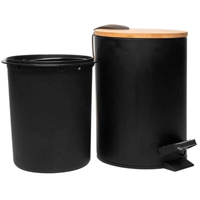 Lixeira 5L Metal Redonda com Pedal Preta Tampa Bambu Balde Interno Banheiro Preto