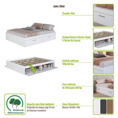 Cama de Casal Branca com 4 Portas Basculantes Organizadoras MDP Tókio Art In Móveis