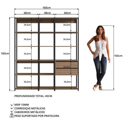 Guarda Roupa Closet 3 Módulos Nicho E Gaveta Preto E Montana Easy Prodecor Estante Multiuso