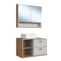 Gabinete 80cm Helena Mel Arenas com Cuba Branca e Espelheira Com 2 Portas Armário para Banheiro