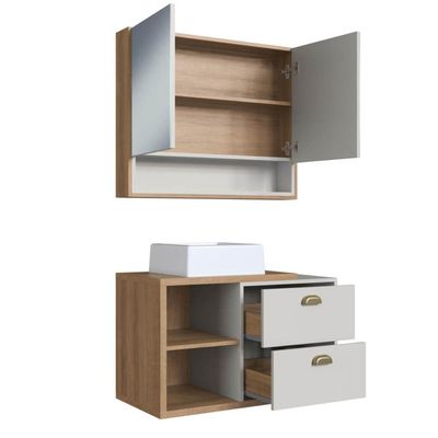 Gabinete 80cm Helena Mel Arenas com Cuba Branca e Espelheira Com 2 Portas Armário para Banheiro