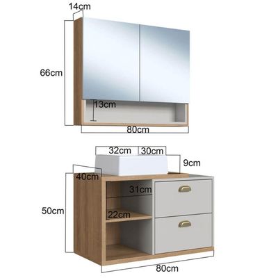 Gabinete 80cm Helena Mel Arenas com Cuba Branca e Espelheira Com 2 Portas Armário para Banheiro