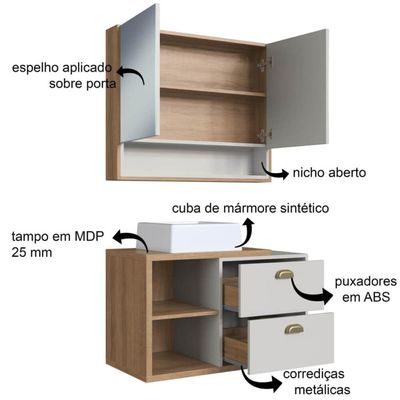 Gabinete 80cm Helena Mel Arenas com Cuba Branca e Espelheira Com 2 Portas Armário para Banheiro