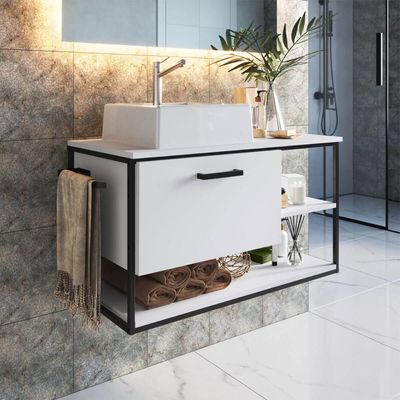 Gabinete Suspenso de Banheiro 80cm Branco Estilo Industrial Sem Cuba Placa e Ponto