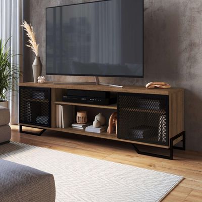Rack Para Tv 60" 183x40x57cm MDP Portas Teladas Estilo Industrial P1027 Preto Mel Mel
