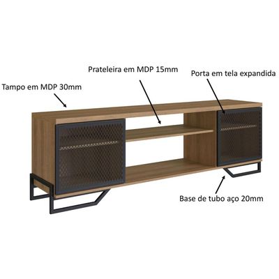 Rack Para Tv 60" 183x40x57cm MDP Portas Teladas Estilo Industrial P1027 Preto Mel Mel