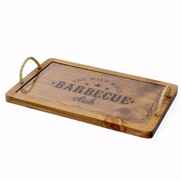 Tábua de Carne Decorglass Barbecue Retangular em Madeira Pinus com Alça e Tampo de vidro - 1 Peça