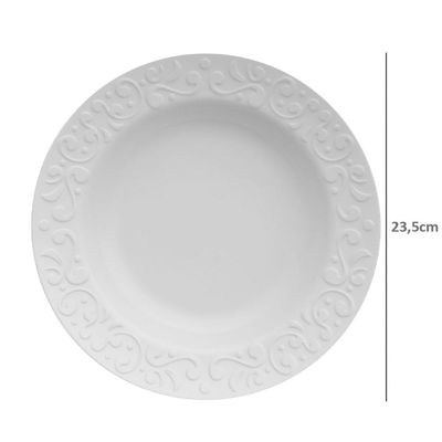 Jogo 12 Pratos Fundos Redondos 23,5cm em Porcelana com Relevo Tassel Germer Branco Restaurante Hotel