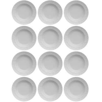Jogo 12 Pratos Fundos Redondos 23,5cm em Porcelana com Relevo Tassel Germer Branco Restaurante Hotel
