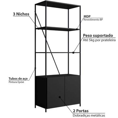 Estante Industrial em Aço com Porta Prateleira Preto 74x180cm MDP Armário Escritório Placa e Ponto