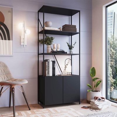 Estante Industrial em Aço com Porta Prateleira Preto 74x180cm MDP Armário Escritório Placa e Ponto