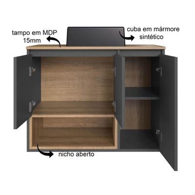 Gabinete Suspenso 80cm Cecília Mel Grafite Porta Cuba Preta Em Mármore Sintético e Nicho De Banheiro