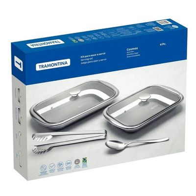 Kit 2 Travessas Assar Servir Tramontina Cosmos em Aço Inox com Tampa Utensílios