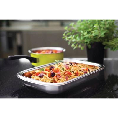 Kit 2 Travessas Assar Servir Tramontina Cosmos em Aço Inox com Tampa Utensílios