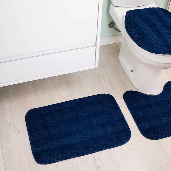 Jogo de Tapetes para Banheiro Tapetes Junior Esmeralda em Polipropileno Azul Antiderrapante 3 Peças Jogo de Tapetes para Banheiro Tapetes Junior Esmeralda em Polipropileno Azul Antiderrapante 3 Peças