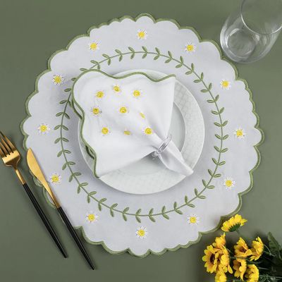 Kit 12 Jogos Americanos Guardanapos De Mesa Redondo Bordado Margarida - Branco