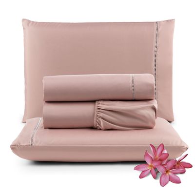 Jogo Cama Lençol Unique King 400 Fios Ponto Palito 4 Peças - Rosê