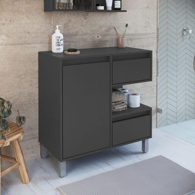 Gabinete de Banheiro 80cm Paula Grafite com 2 Gavetas Porta E Nicho Sem Cuba