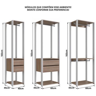 Guarda Roupa Closet 3 Peças com 3 Cabideiros 4 Gavetas e 2 N