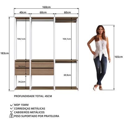 Guarda Roupa Closet 3 Peças com 3 Cabideiros 4 Gavetas e 2 N