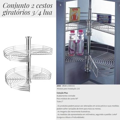 Cesto Giratório Redondo Fruteira 60cm para Armário Dupla Masutti Módulo de Canto Cromada para Armários